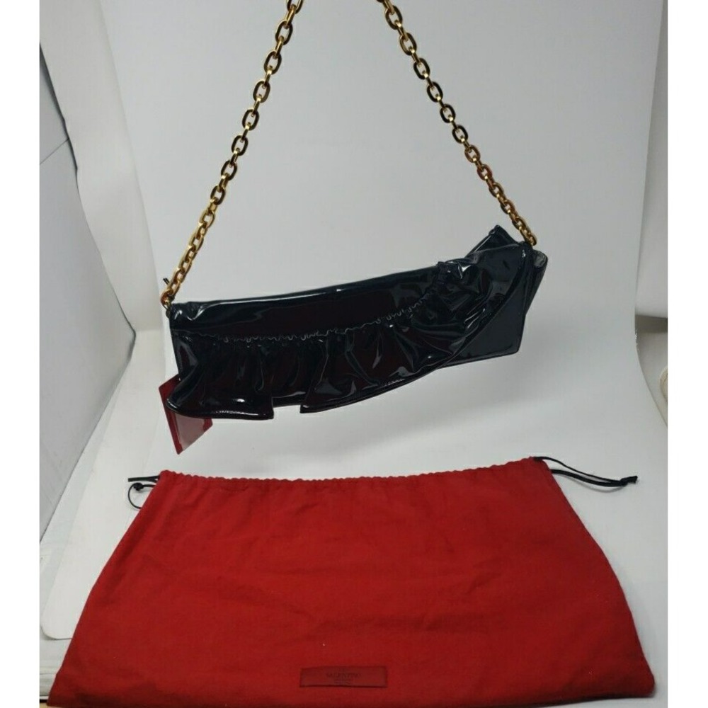 Valentino Garavani Patent Leather Shoulder Bag Purse or Clutch Black Ruffles